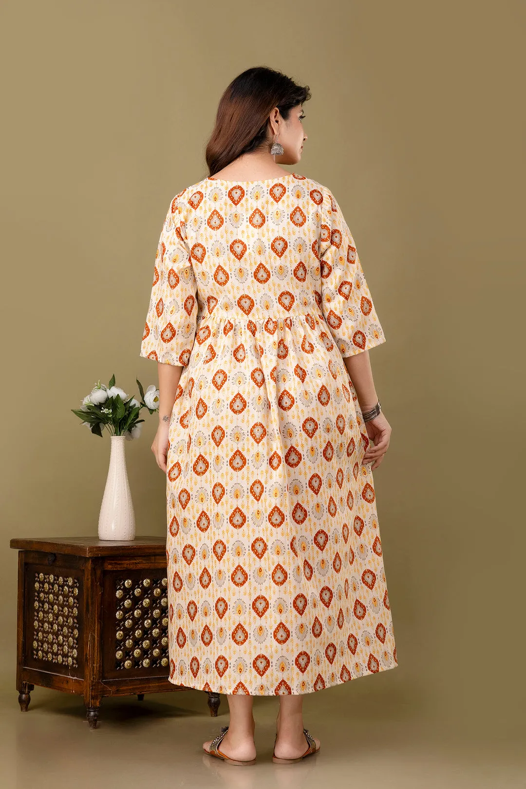 Fab Off White Printed Maternity Dress For Women