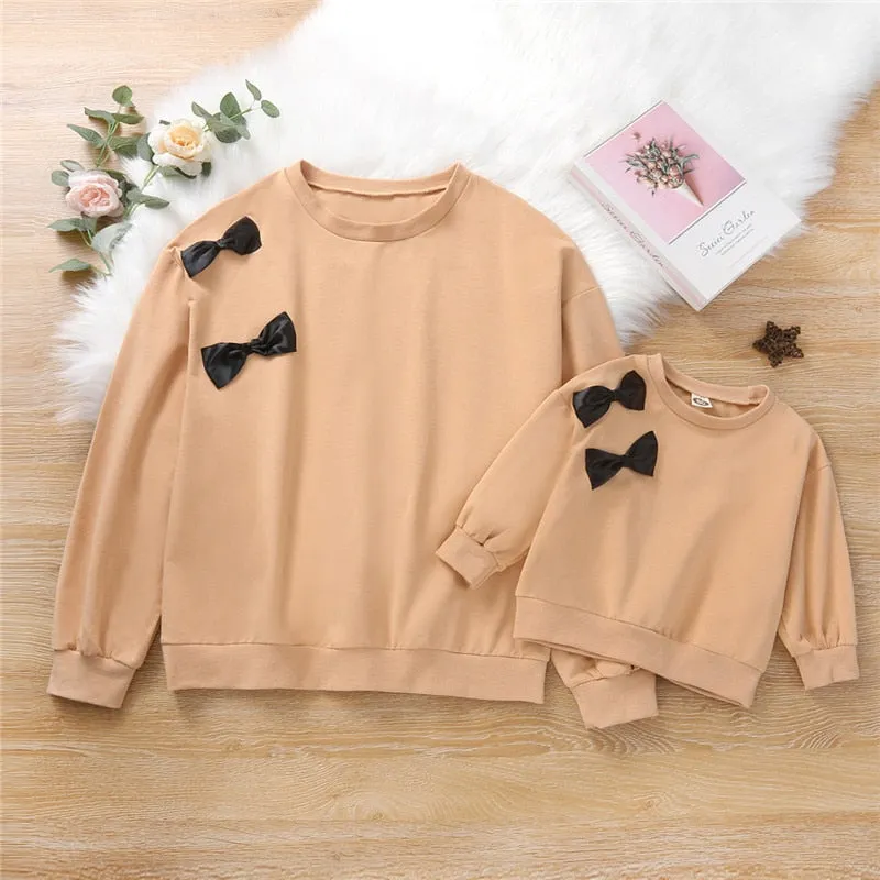 Family Matching Parent-child Outfit Bow Long Sleeve Round Collar Casual Tops