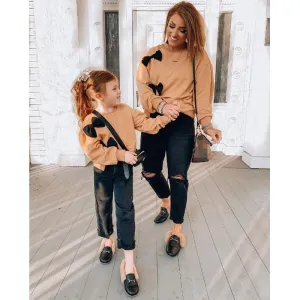 Family Matching Parent-child Outfit Bow Long Sleeve Round Collar Casual Tops