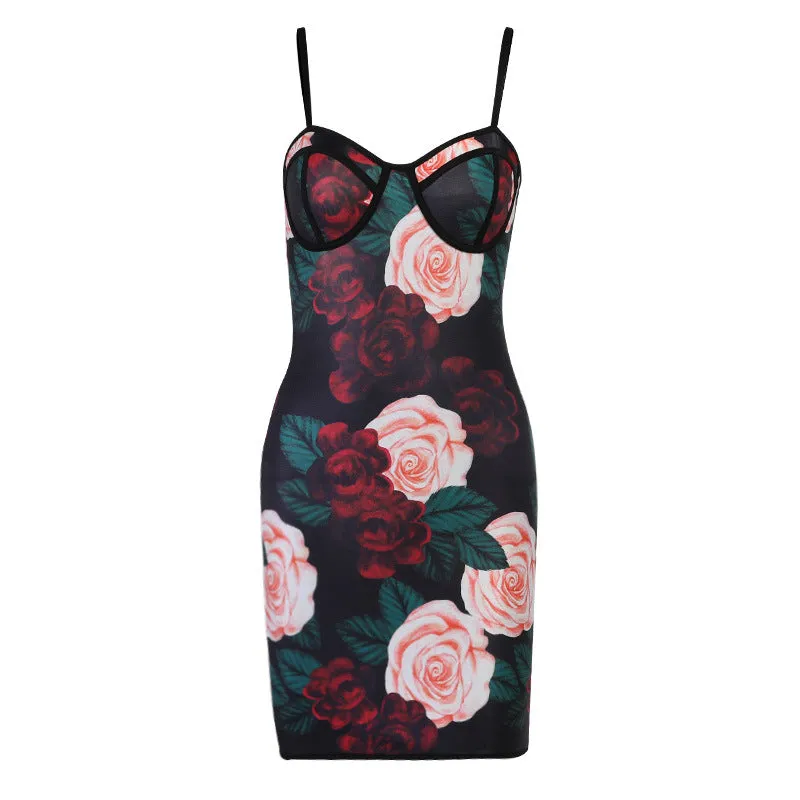 Fashion sexy flower print bust strap dress women