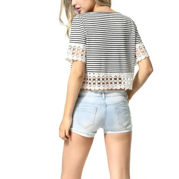 Fashion Women Cotton Casual Loose Mini T Shirt Female Lace Crochet O-Neck Short Sleeve Tee Size S-XL NW