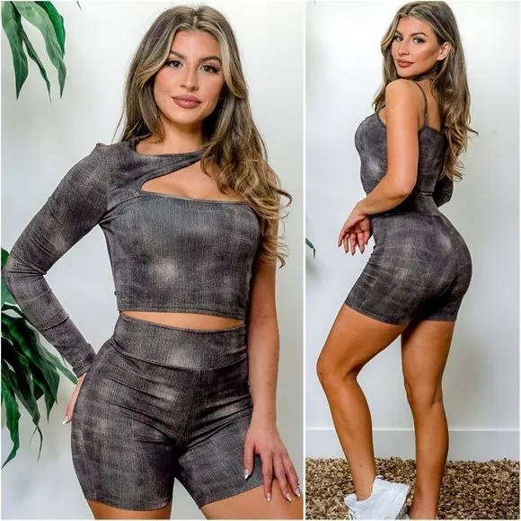 Faux Denim Biker Short Set