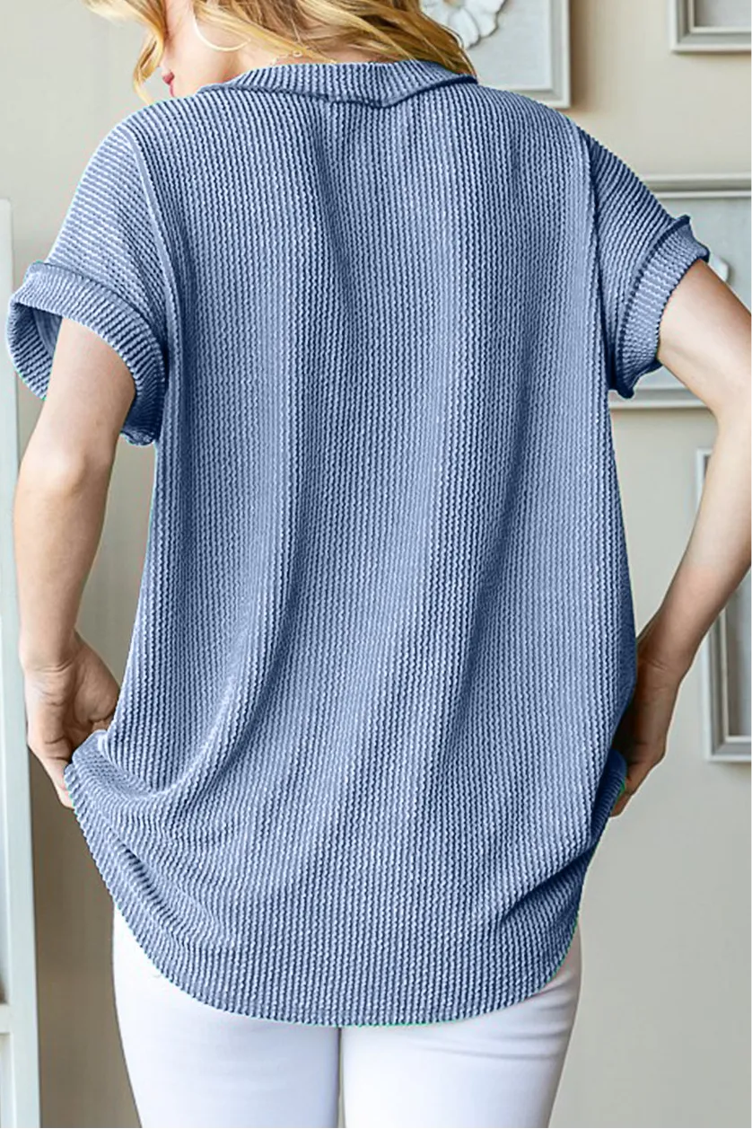 Faye Blue Front Pocket Short Sleeve Ribbed Top - Online Exclusive