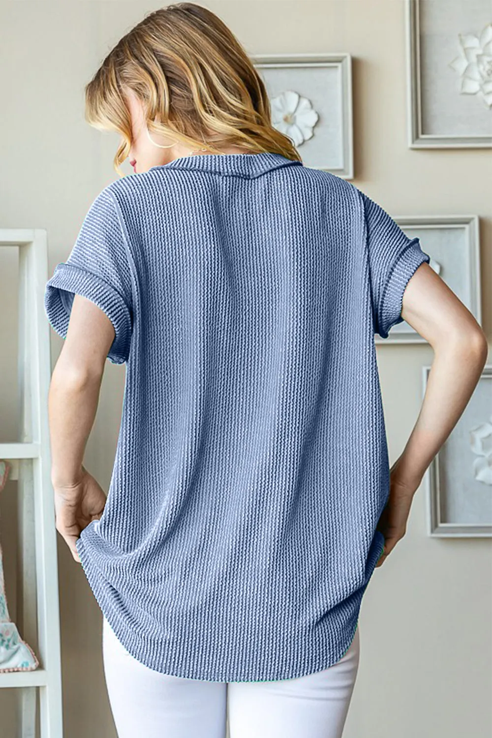 Faye Blue Front Pocket Short Sleeve Ribbed Top - Online Exclusive
