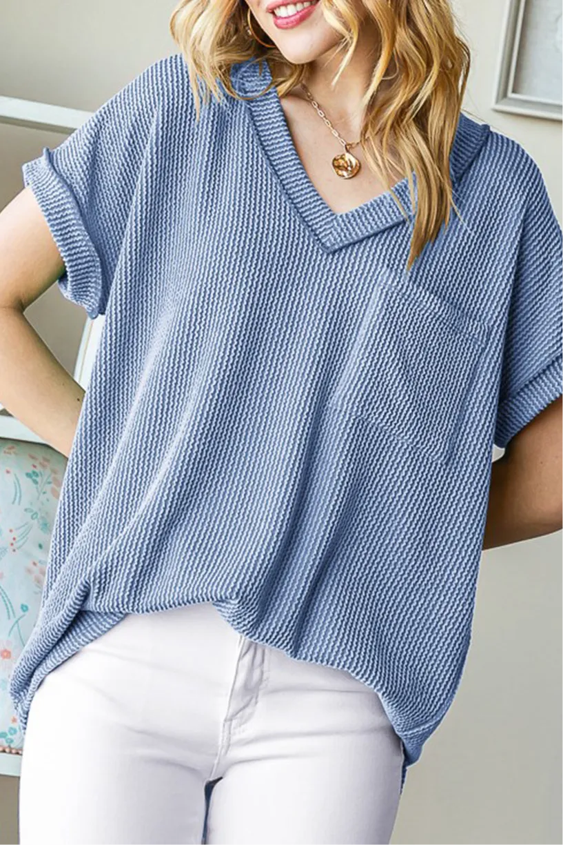 Faye Blue Front Pocket Short Sleeve Ribbed Top - Online Exclusive