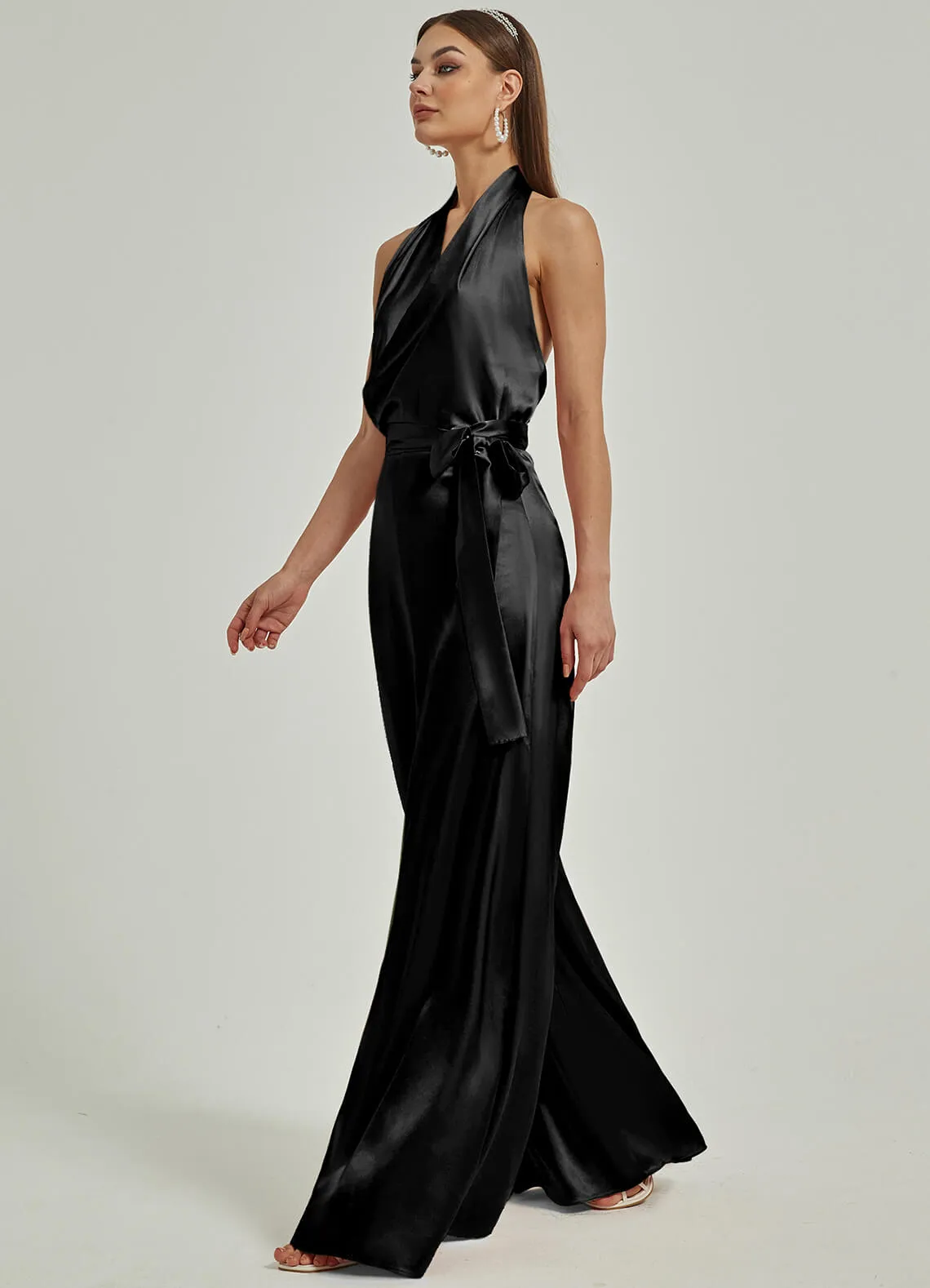 [Final Sale] Black Satin Crisscross Halter Backless Wide Leg Jumpsuits Romper