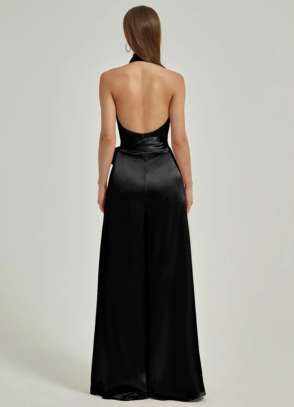[Final Sale] Black Satin Crisscross Halter Backless Wide Leg Jumpsuits Romper