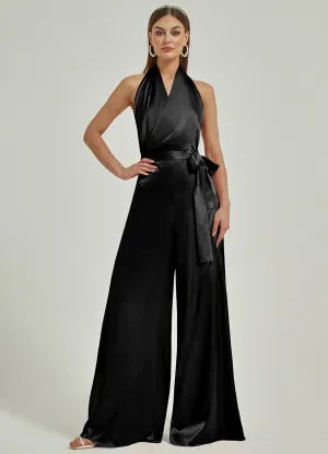 [Final Sale] Black Satin Crisscross Halter Backless Wide Leg Jumpsuits Romper