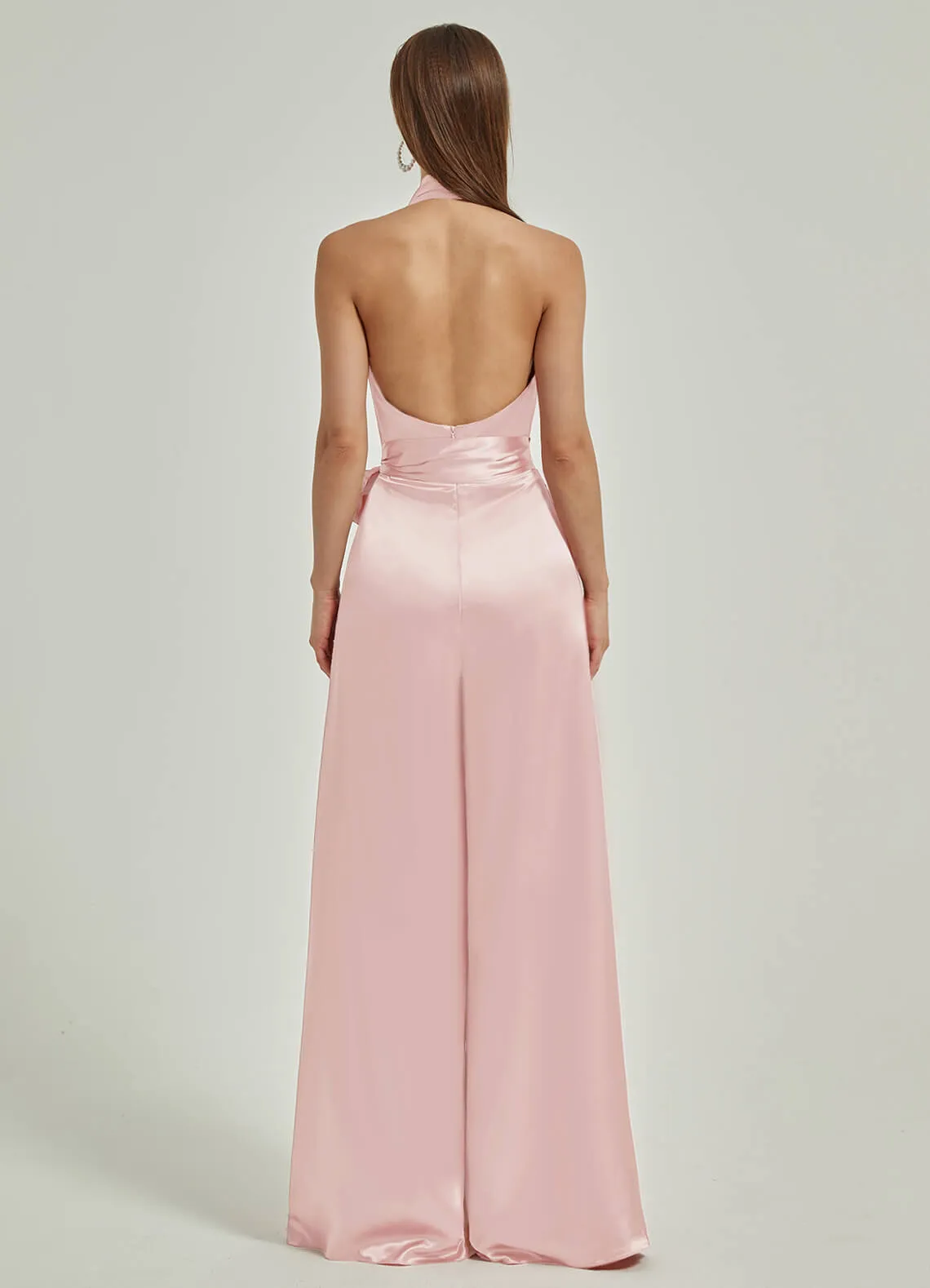 [Final Sale] Blush Satin Crisscross Halter Backless Wide Leg Jumpsuits Romper