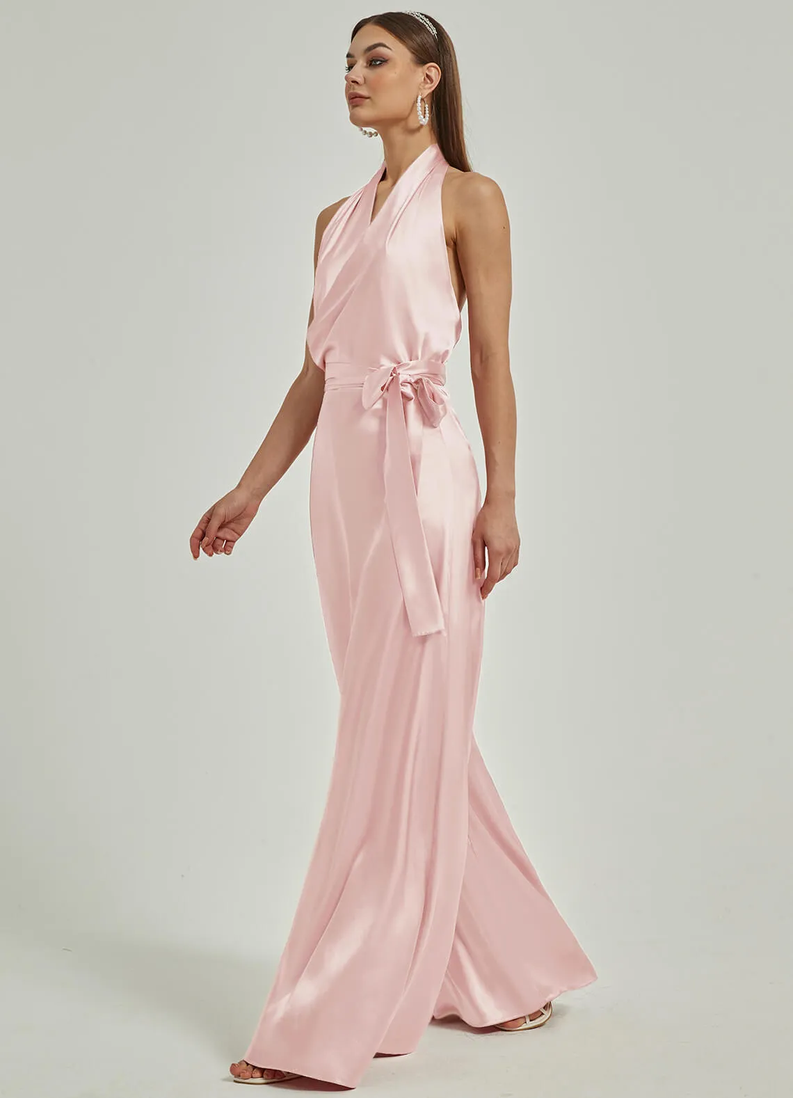 [Final Sale] Blush Satin Crisscross Halter Backless Wide Leg Jumpsuits Romper