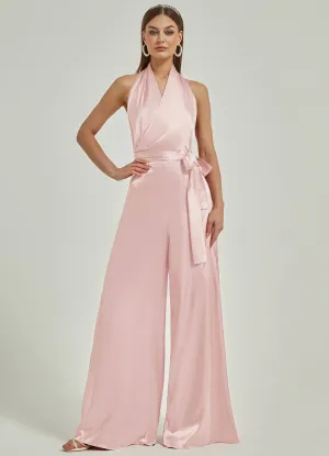 [Final Sale] Blush Satin Crisscross Halter Backless Wide Leg Jumpsuits Romper