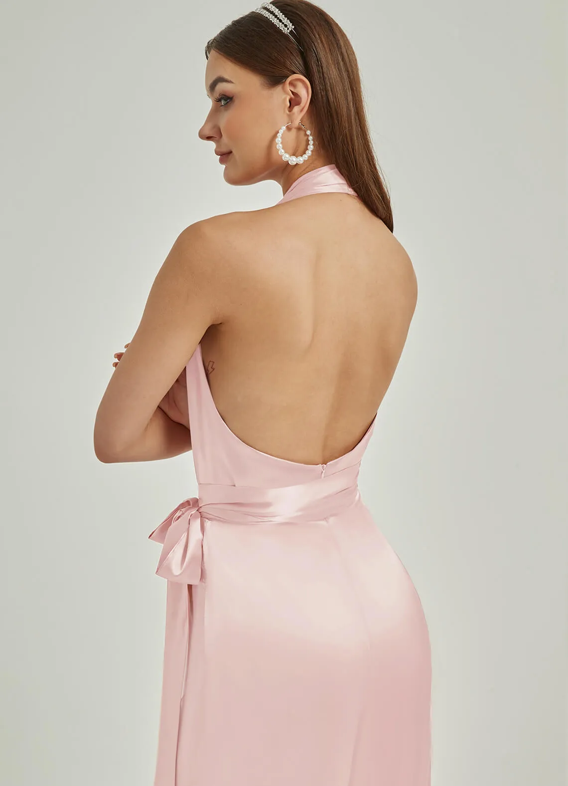 [Final Sale] Blush Satin Crisscross Halter Backless Wide Leg Jumpsuits Romper