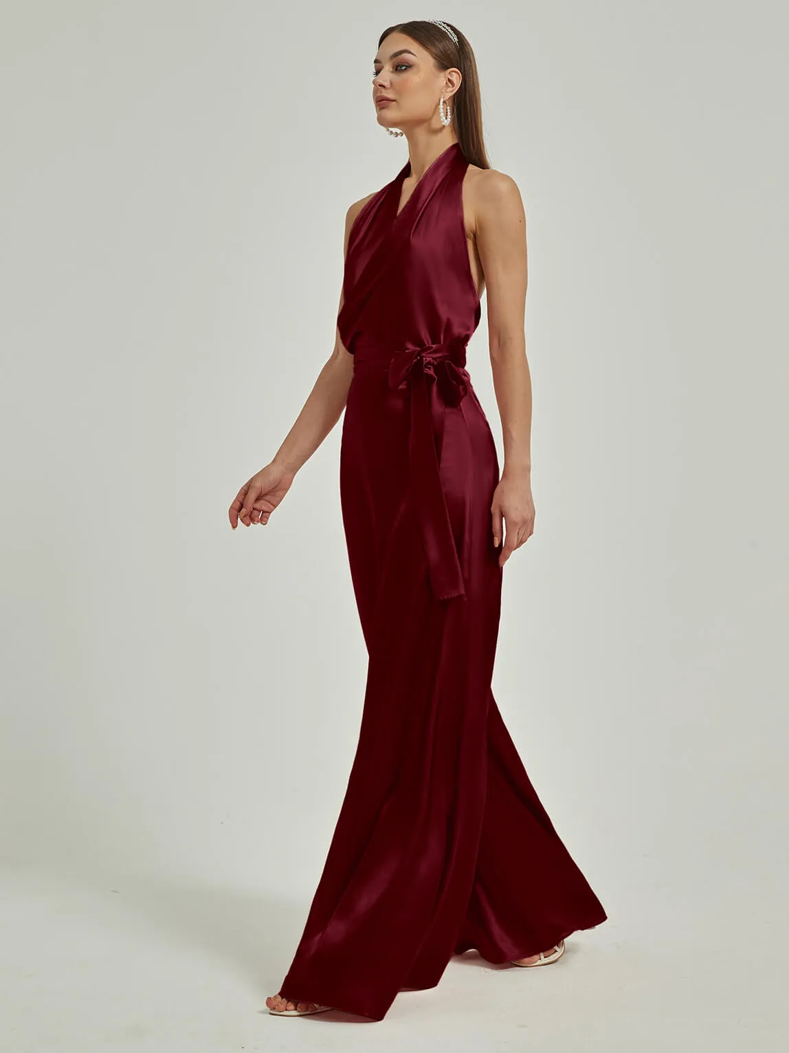 [Final Sale] Burgundy Satin Crisscross Halter Backless Wide Leg Jumpsuits Romper