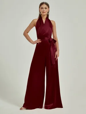 [Final Sale] Burgundy Satin Crisscross Halter Backless Wide Leg Jumpsuits Romper