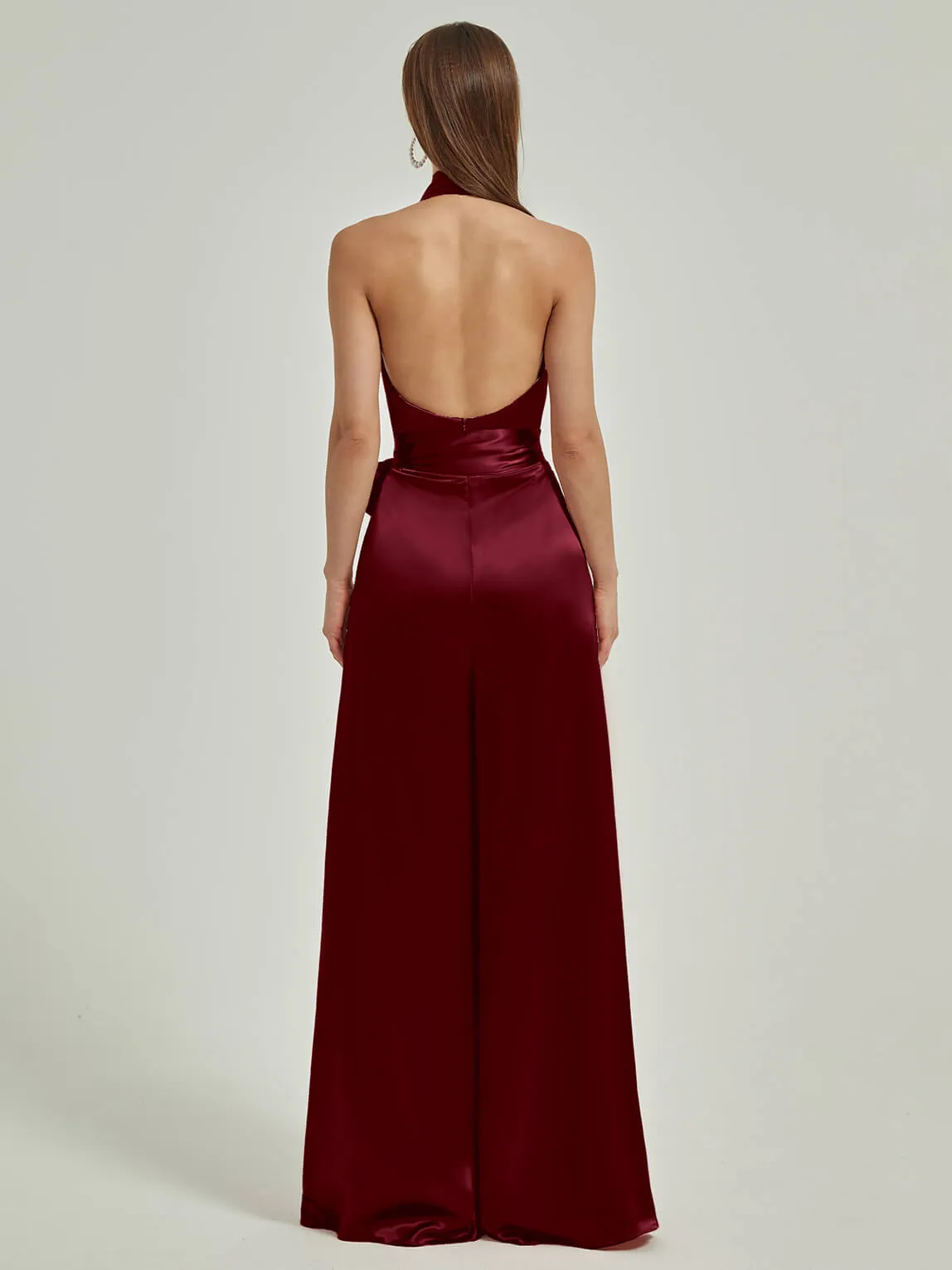 [Final Sale] Burgundy Satin Crisscross Halter Backless Wide Leg Jumpsuits Romper