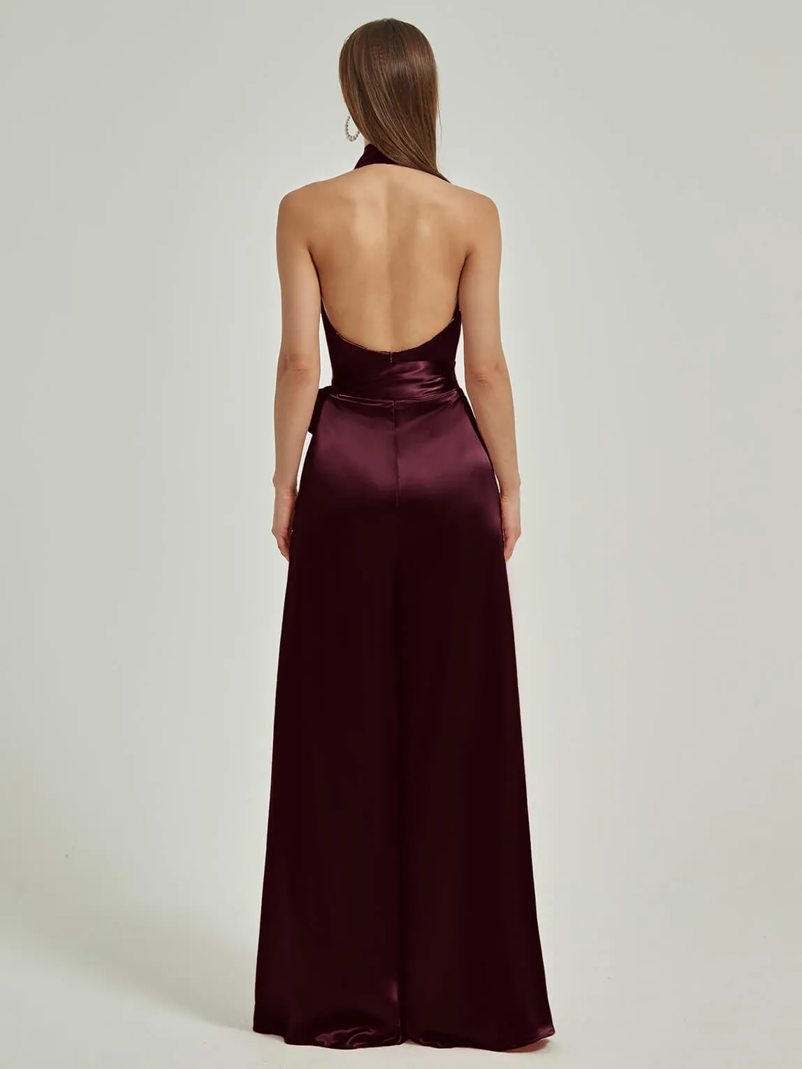 [Final Sale] Cabernet Satin Crisscross Halter Backless Wide Leg Jumpsuits Romper