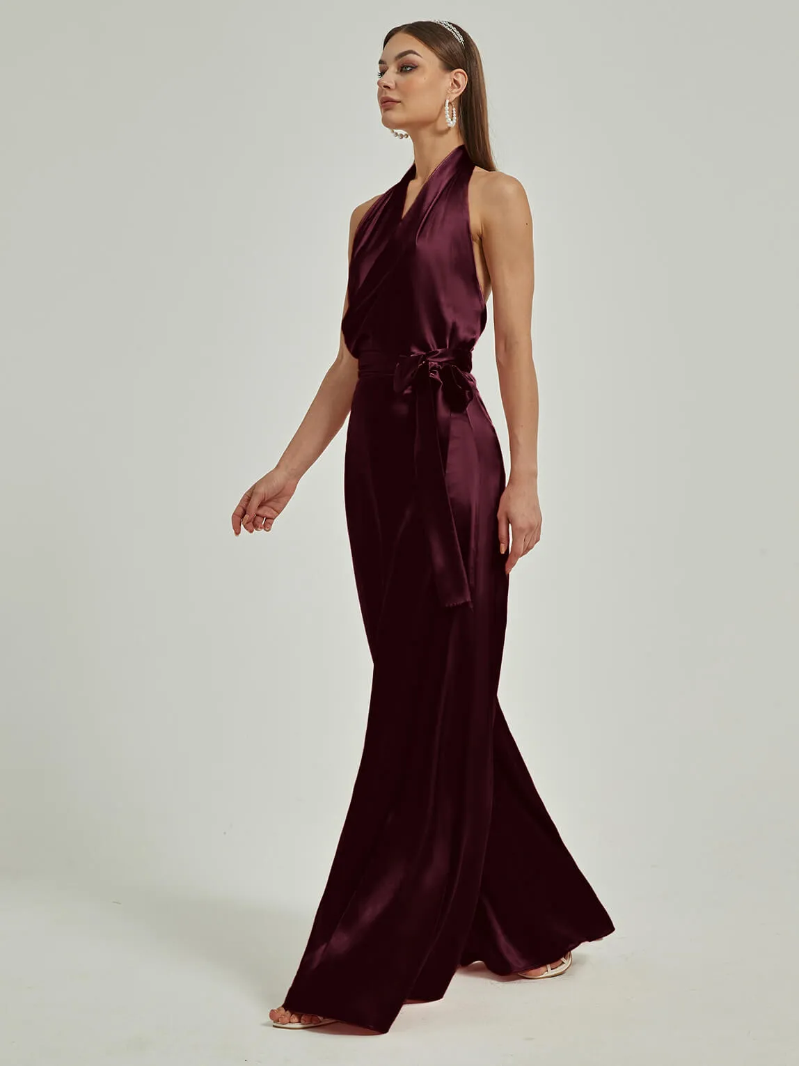 [Final Sale] Cabernet Satin Crisscross Halter Backless Wide Leg Jumpsuits Romper