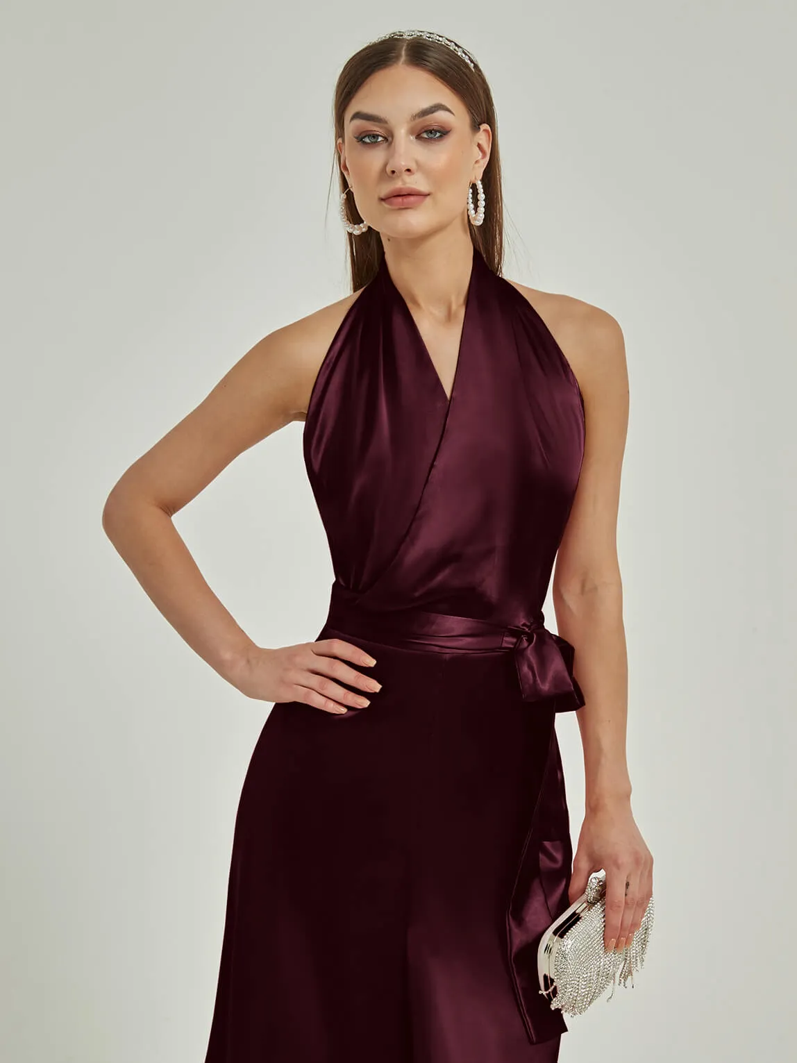 [Final Sale] Cabernet Satin Crisscross Halter Backless Wide Leg Jumpsuits Romper