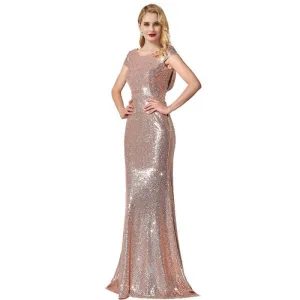 [Final Sale] Cap Sleeve Mermaid Cowl Backless Rose Gold Sequin Maxi Evening Gown