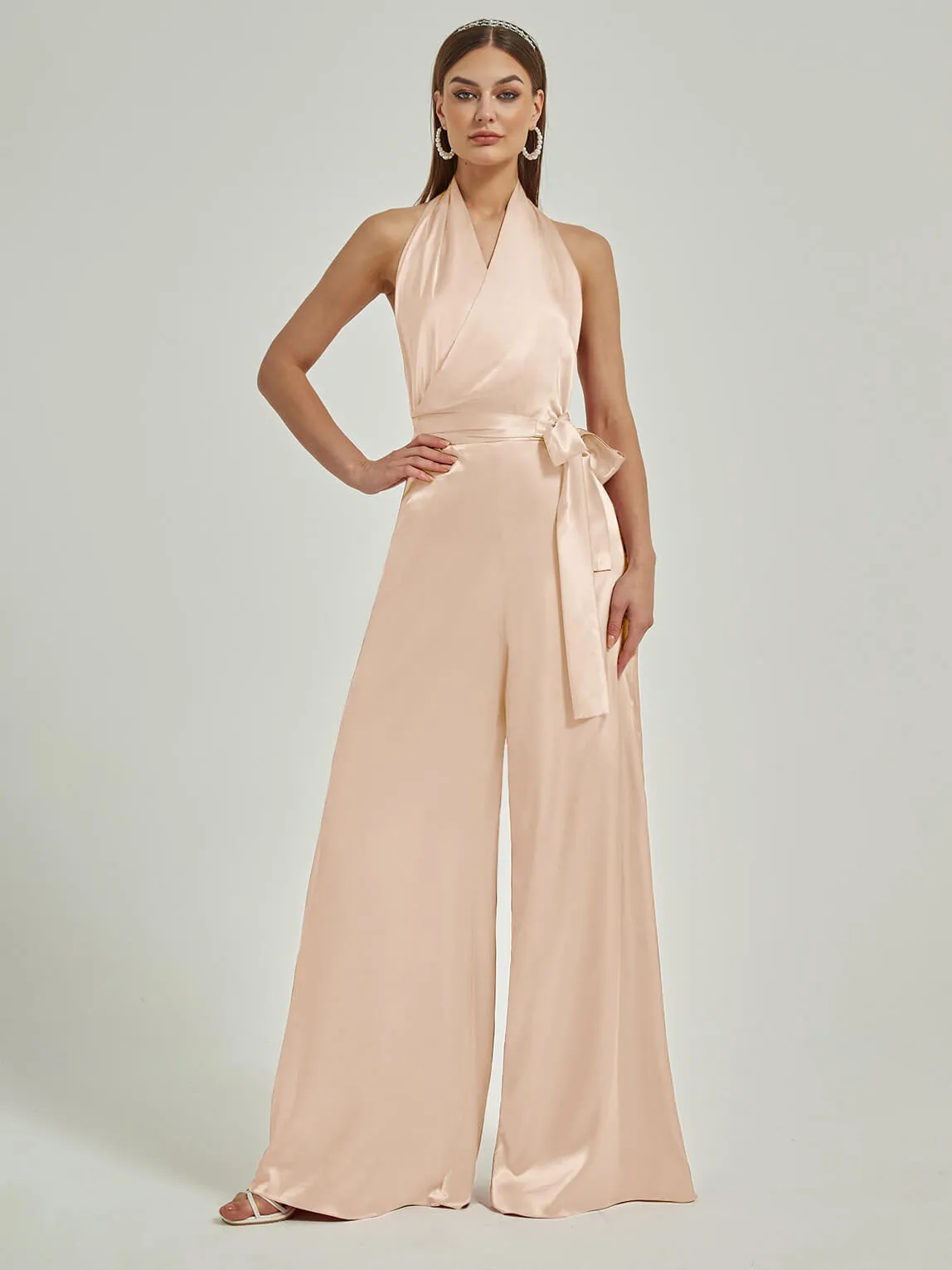 [Final Sale] Champagne Satin Crisscross Halter Backless Wide Leg Jumpsuits Romper