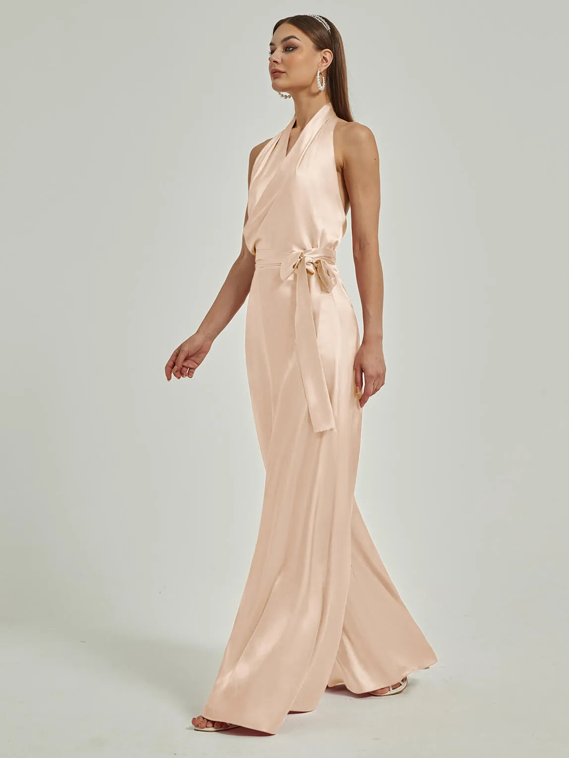 [Final Sale] Champagne Satin Crisscross Halter Backless Wide Leg Jumpsuits Romper