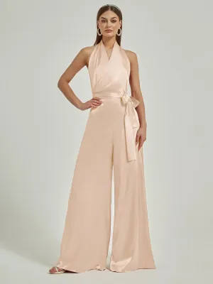 [Final Sale] Champagne Satin Crisscross Halter Backless Wide Leg Jumpsuits Romper