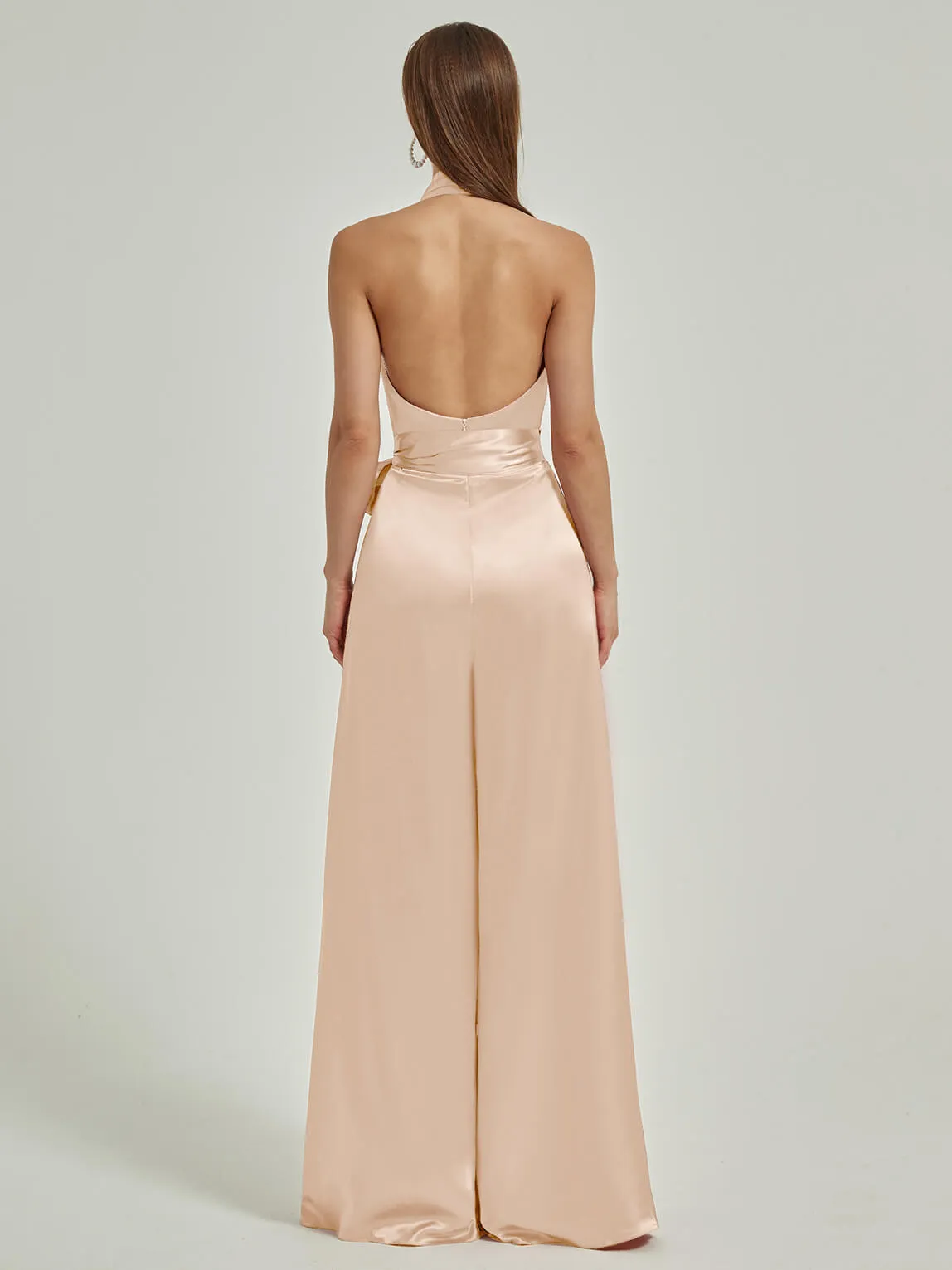 [Final Sale] Champagne Satin Crisscross Halter Backless Wide Leg Jumpsuits Romper