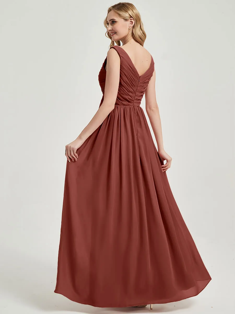 [Final Sale] Cinnamon Rose V-Neck Sleeveless Empire Maxi Chiffon Bridesmaid Dress