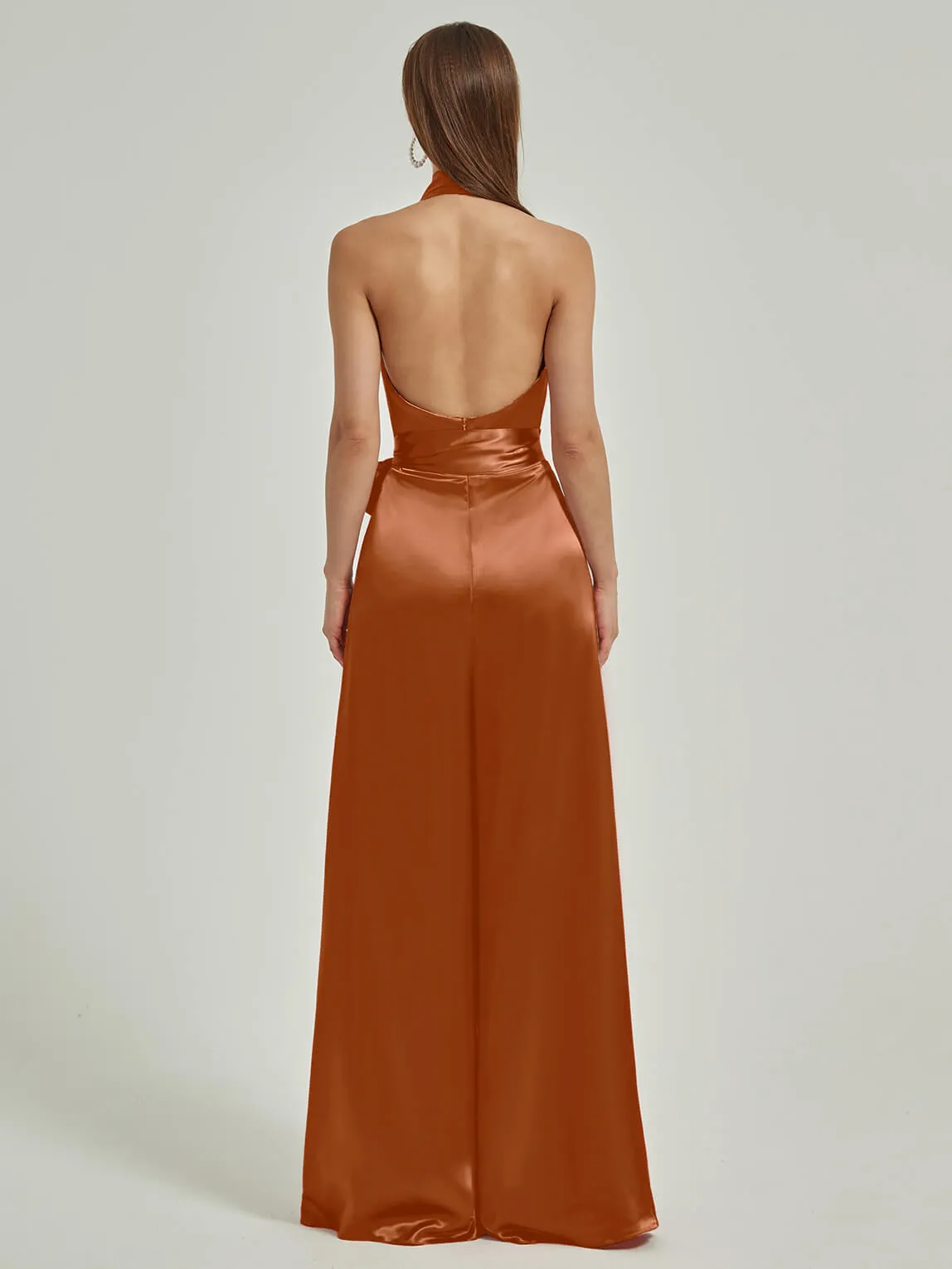 [Final Sale] Cooper Satin Crisscross Halter Backless Wide Leg Jumpsuits Romper