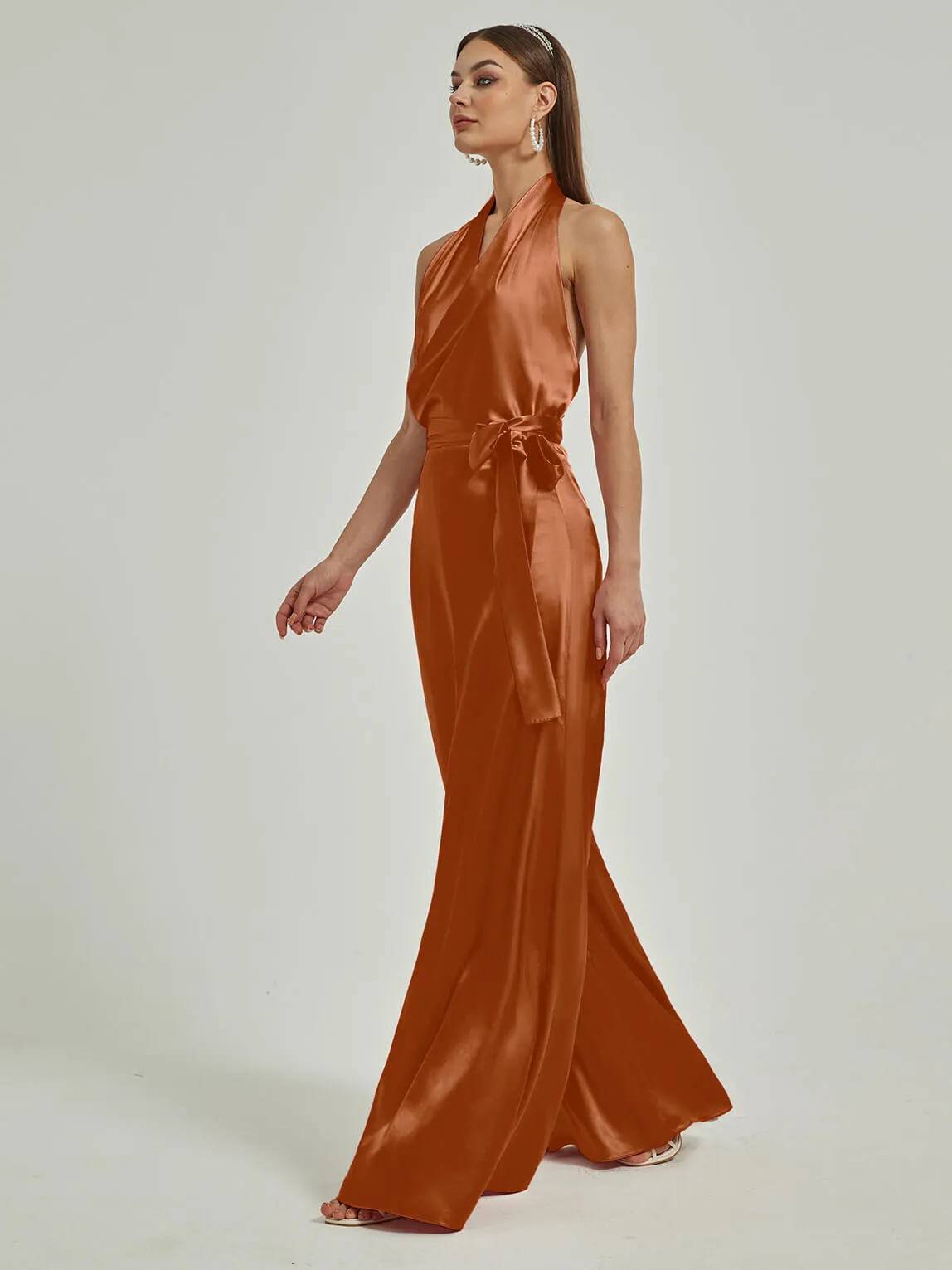 [Final Sale] Cooper Satin Crisscross Halter Backless Wide Leg Jumpsuits Romper