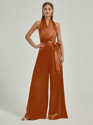 [Final Sale] Cooper Satin Crisscross Halter Backless Wide Leg Jumpsuits Romper