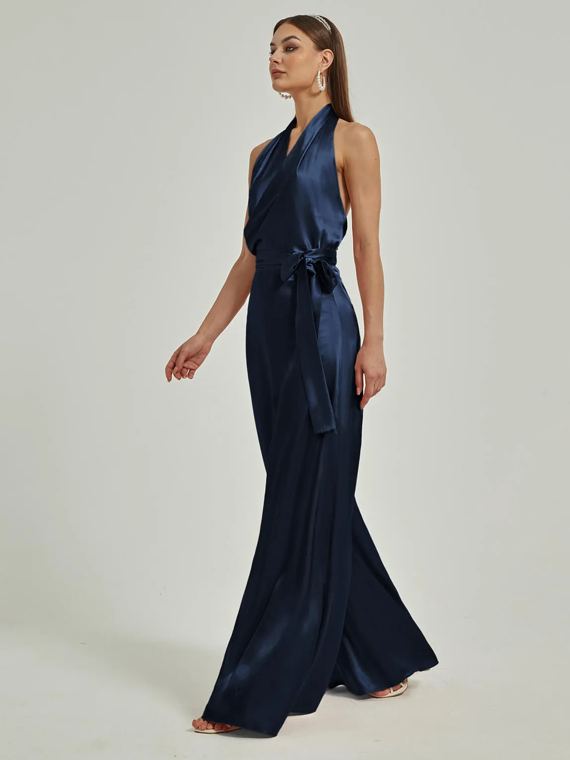 [Final Sale] Dark Navy Satin Crisscross Halter Backless Wide Leg Jumpsuits Romper
