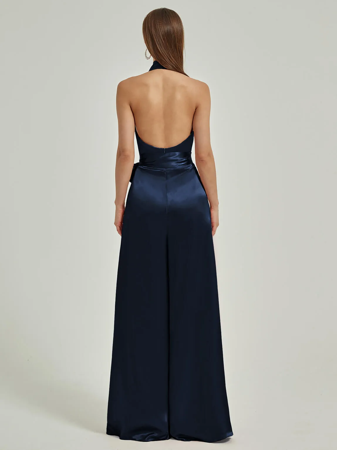[Final Sale] Dark Navy Satin Crisscross Halter Backless Wide Leg Jumpsuits Romper
