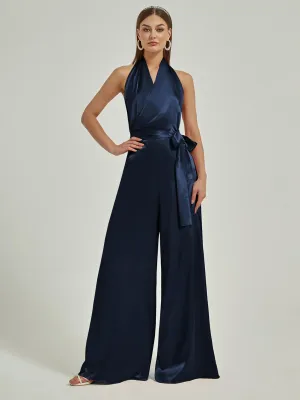 [Final Sale] Dark Navy Satin Crisscross Halter Backless Wide Leg Jumpsuits Romper