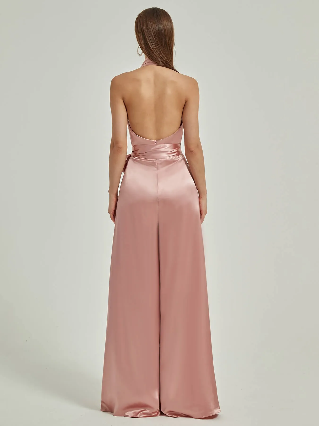 [Final Sale] Dusty Pink Satin Crisscross Halter Backless Wide Leg Jumpsuits Romper