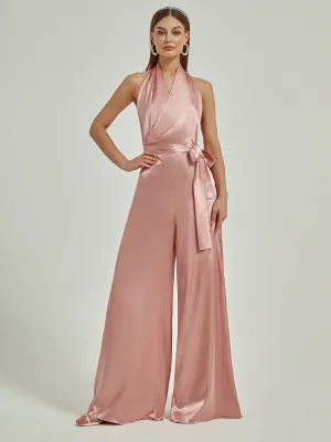 [Final Sale] Dusty Pink Satin Crisscross Halter Backless Wide Leg Jumpsuits Romper