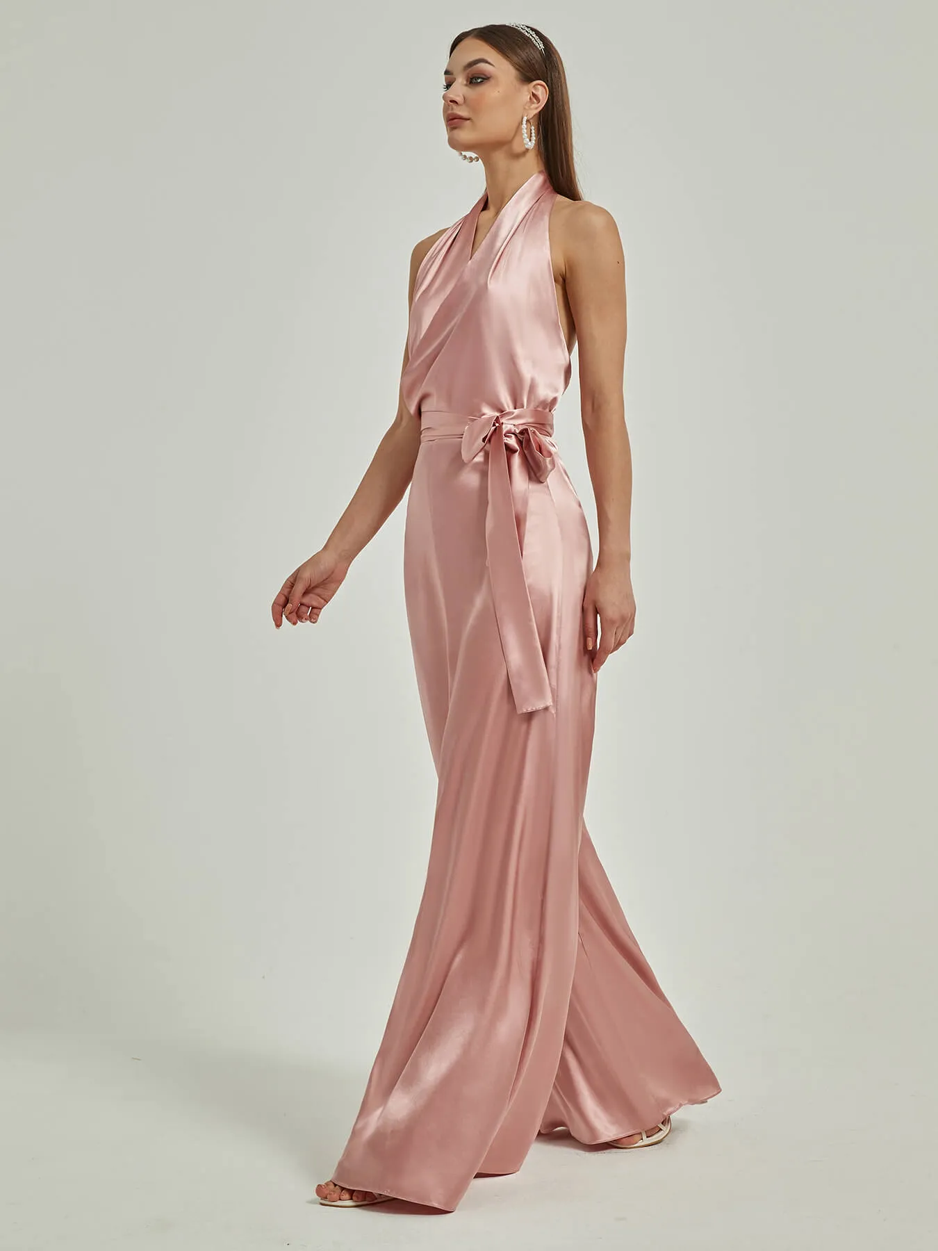 [Final Sale] Dusty Pink Satin Crisscross Halter Backless Wide Leg Jumpsuits Romper