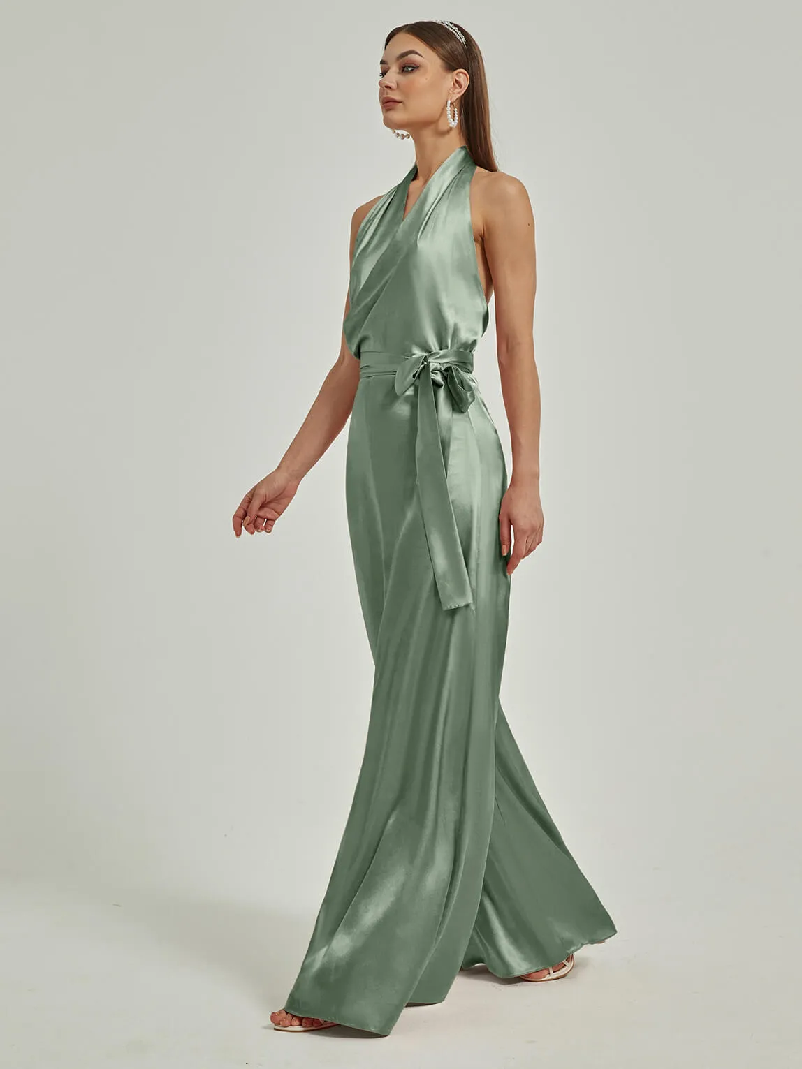[Final Sale] Eucalyptus Satin Crisscross Halter Backless Wide Leg Jumpsuits Romper