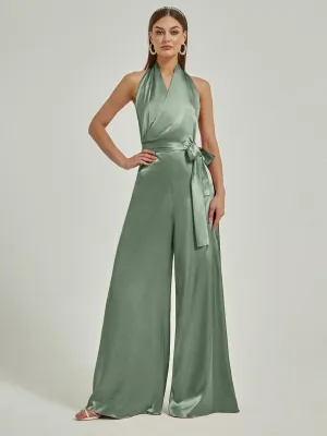 [Final Sale] Eucalyptus Satin Crisscross Halter Backless Wide Leg Jumpsuits Romper