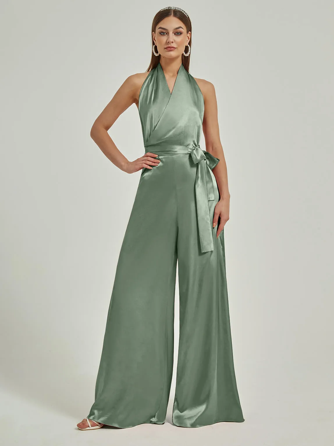 [Final Sale] Eucalyptus Satin Crisscross Halter Backless Wide Leg Jumpsuits Romper