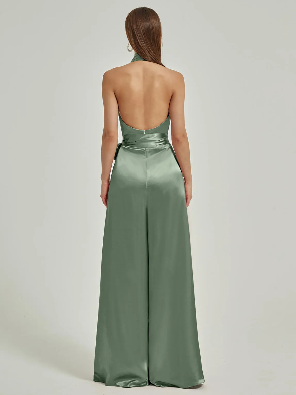 [Final Sale] Eucalyptus Satin Crisscross Halter Backless Wide Leg Jumpsuits Romper