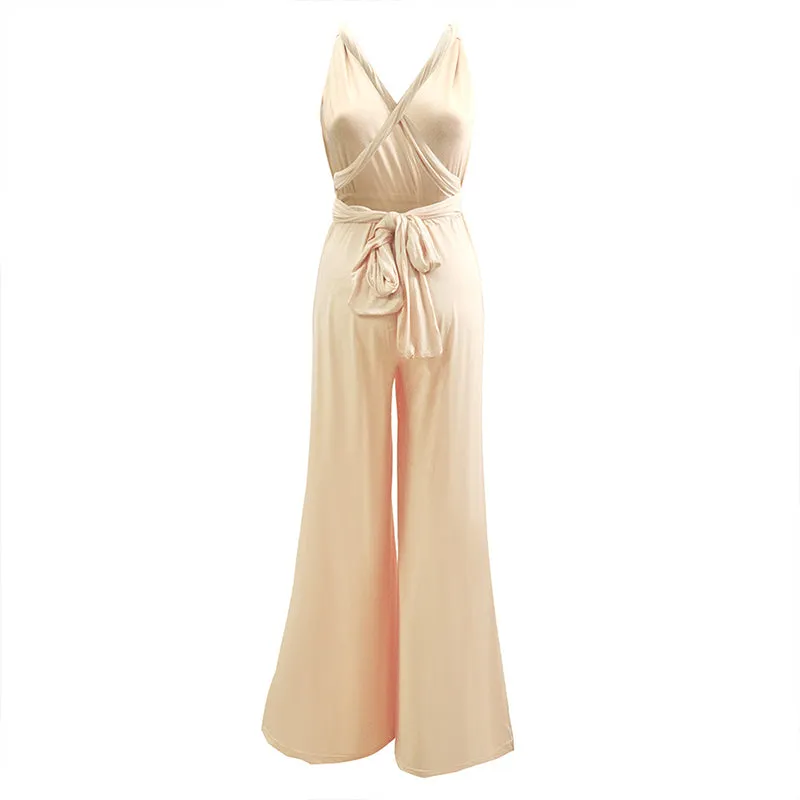 [Final Sale] Navy Blue Wide-Leg Infinity Jumpsuit Twist Wrap Convertible Romper