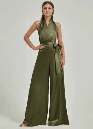 [Final Sale] Olive Satin Crisscross Halter Backless Wide Leg Jumpsuits Romper