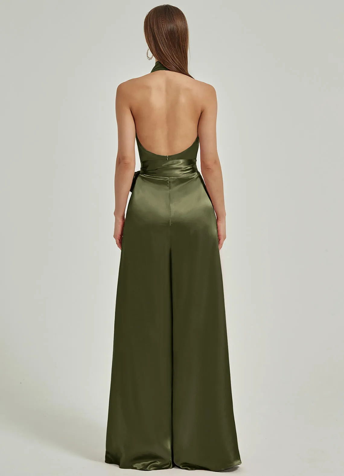 [Final Sale] Olive Satin Crisscross Halter Backless Wide Leg Jumpsuits Romper