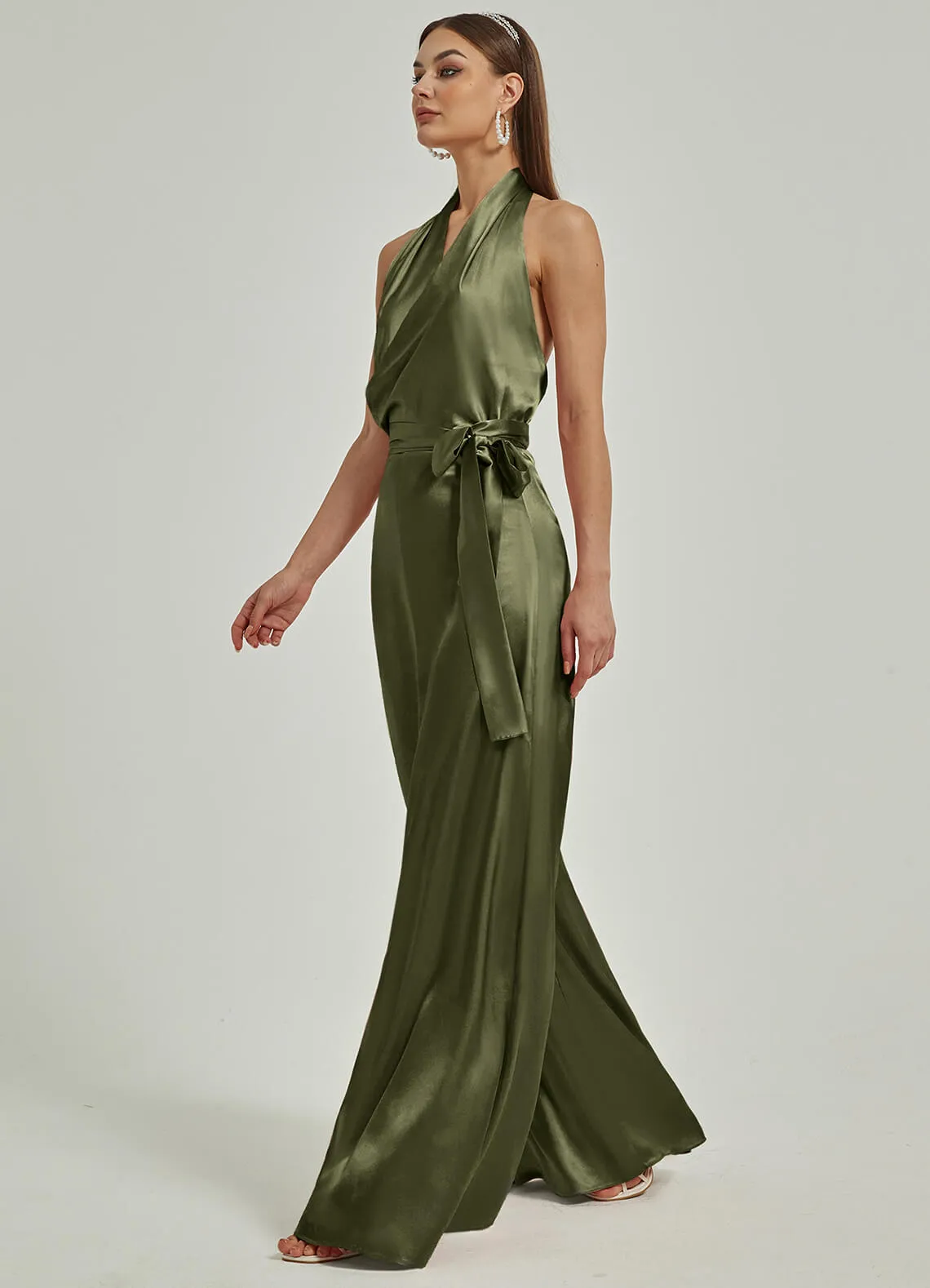 [Final Sale] Olive Satin Crisscross Halter Backless Wide Leg Jumpsuits Romper