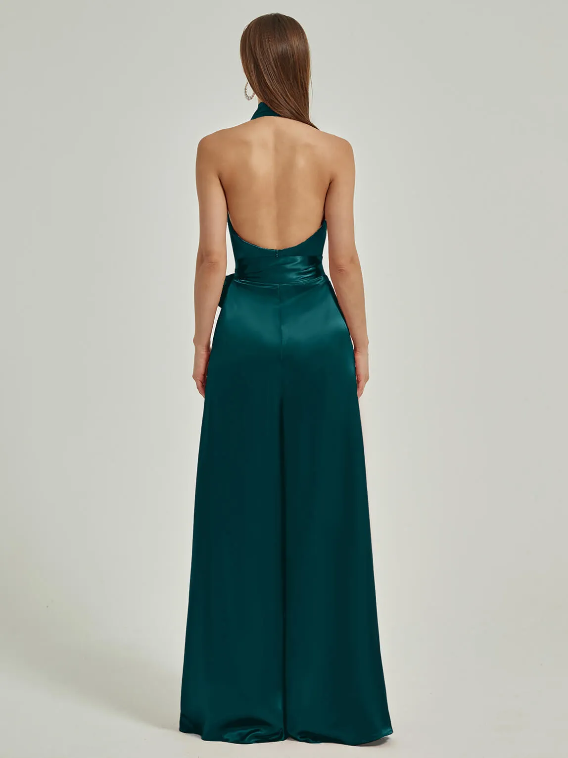 [Final Sale] Peacock Satin Crisscross Halter Backless Wide Leg Jumpsuits Romper