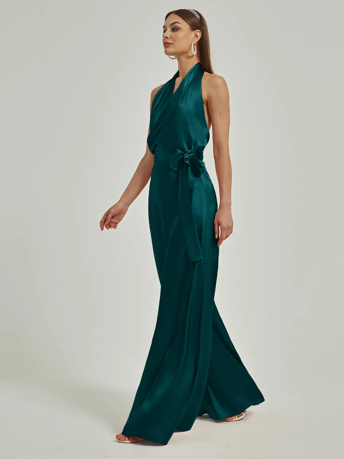 [Final Sale] Peacock Satin Crisscross Halter Backless Wide Leg Jumpsuits Romper