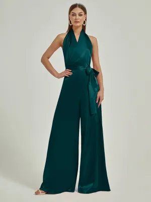 [Final Sale] Peacock Satin Crisscross Halter Backless Wide Leg Jumpsuits Romper