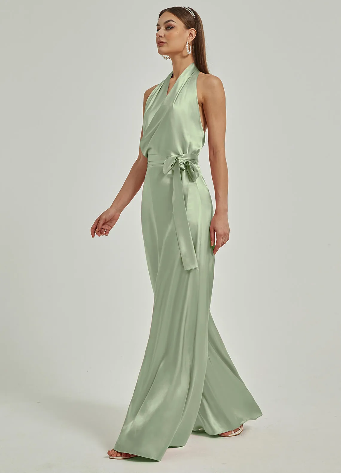 [Final Sale] Sage Green Satin Crisscross Halter Backless Wide Leg Jumpsuits Romper