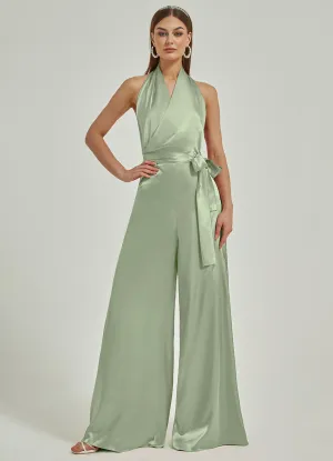 [Final Sale] Sage Green Satin Crisscross Halter Backless Wide Leg Jumpsuits Romper
